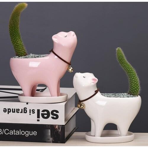Cartoon Cat Flower Pot Animal Ceramic Creative Desktop Flower Pot Cactus Succulents Potted Flower Arrangement Home Decorations