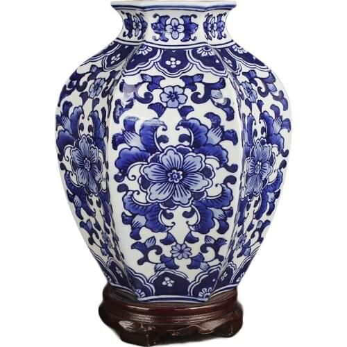 Jingdezhen ceramics classical hand-painted blue and white lotus hexagon pot vase flower ware porch DECORATION ORNAMENT