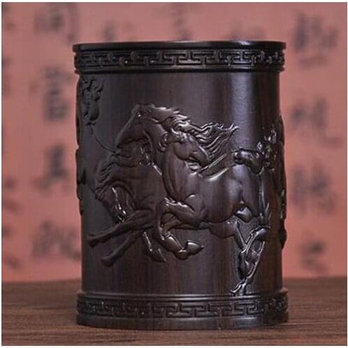 China Wood Carved Bamboo Brush Pot Pen Pencil Vase home decoration success immediately upon arrival statue Wooden crafts