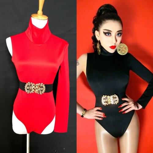 High Collar Single Sleeve Bodysuit Sexy Nightclub DJ Costume Pole Dance Clothing Women Stretch Jumpsuit Stage Outfit Red VDB2443