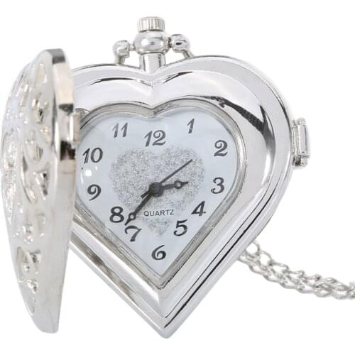 Fashion Silver Color Hollow Quartz Heart Shaped Pocket Watch Necklace Pendant Chain Clock Women Gift High Quality LXH