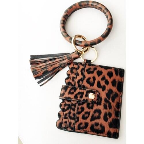 Fashion Multi-Purpose PU Leather Leopard Printed Card Wallet Bracelet Rings Women Wristlet Key Chain