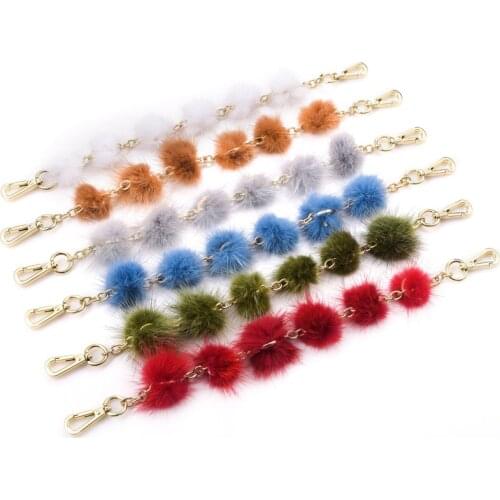 New Fashion Short Mink Fur Straps For Bags Female Fur Ball Short Bag Straps Handle Chic Leather Bag Replacement Accessories