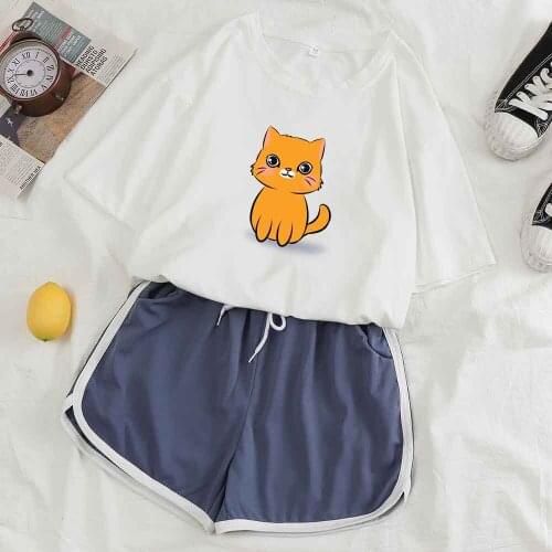Sleepwear Shorts Homewear Set Summer Pajamas Cute Sleepwear Women Pajama Sets Sleep Tops Female Cat Print Nightwear Women