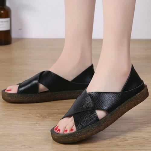 Fashion Women Sandals 2021 Genuine Leather Flat Gladiator Sandals For Women Summer Casual Shoes Fish Mouth Slip On Sandal Mujer