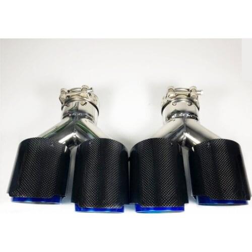 2 Piece Car Styling Y Model Right+Left Blue Stainless Steel Exhaust Pipe For Akrapovic Glossy Black Carbon Fiber Muffler Tip