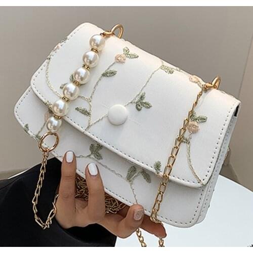 Flowers Flap Shoulder Crossbody Bags For Women 2021 PU Leather Womens Designer Pearl Chain Handbag Female Travel Messenger Bag