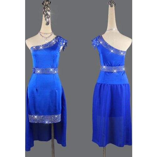 Custom made Latin Dance Costume performance dress Latin dance skirt blue Skirt Adult Children shining diamond dance dress
