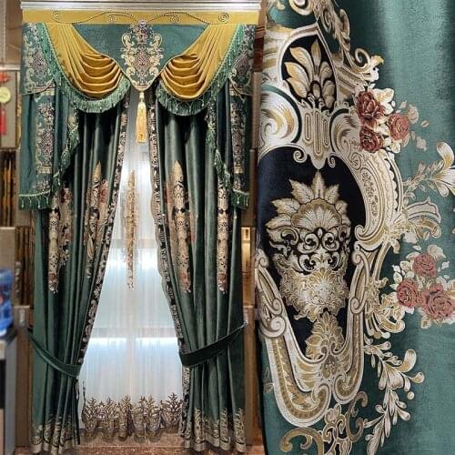 High end villa luxury curtain sample European living room luxury bedroom shade dark green velvet cloth jacquard curtains curtain
