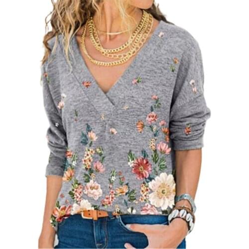 V Neck Floral Print Women Blouse Autumn Winter Long Sleeve Pullover Loose Top Top