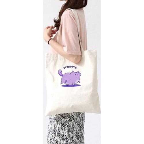 Women Cotton Eco Reusable Shopping Shoulder Bag Canvas Purse Pouch Tote Totes Handbags Kawaii Purple Cat Shopping Bag for Lady