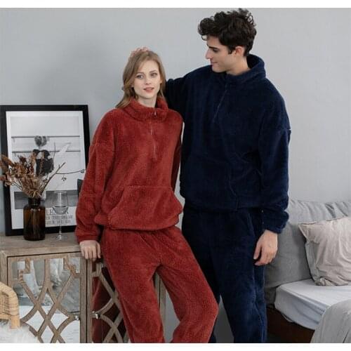 Womens Pajama Set Warm Flannel Pijamas Sleepwear Man Homewear Thick Winter Velvet Female Plush Pyjamas Suit Sweatshirt