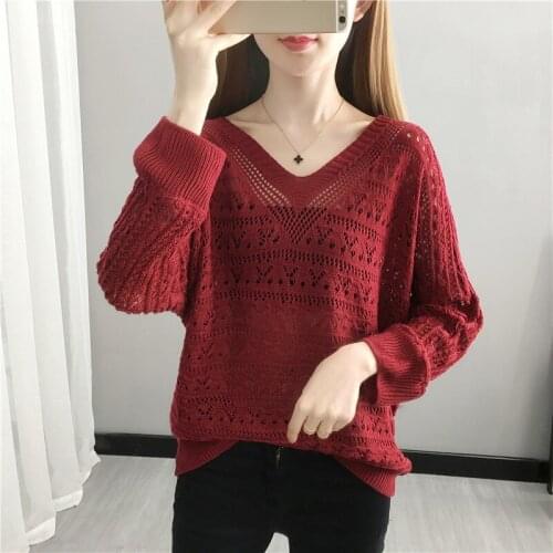 2021 spring new womens V-neck hollow out knitwear trend loose top