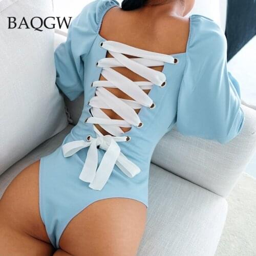 Autum Sexy Backless Bow Lace Up Square Collar Lolita Style Bodysuits Women 2021 Long Flare Sleeve Open Crotch Skinny Bodysuit