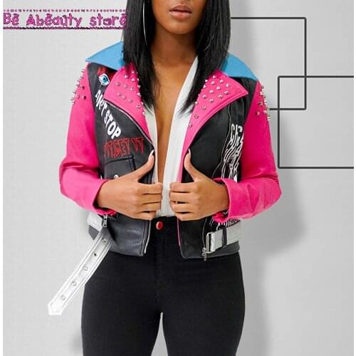 Womens Rivet Printing Lapel Contrast Color Zipper PU Leather Fashionable Coat Long-sleeve Short Jacket