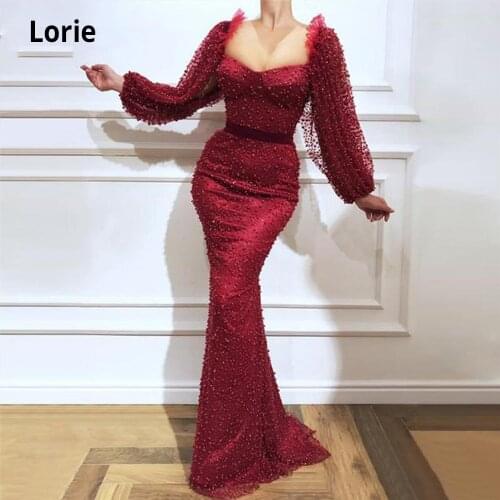 LORIE Elegant Long Sleeves Burgundy Celebrity Evening Dresses Mermaid 2021 with Pearls Saudi Arabia Dubai Sexy Formal Prom Gown