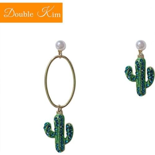 Cactus Asymmetric Stud Earrings Titanium Stainless Steel Inlaid Zircon Earrings Gold Color Fashion Trendy Women Jewelry Gift