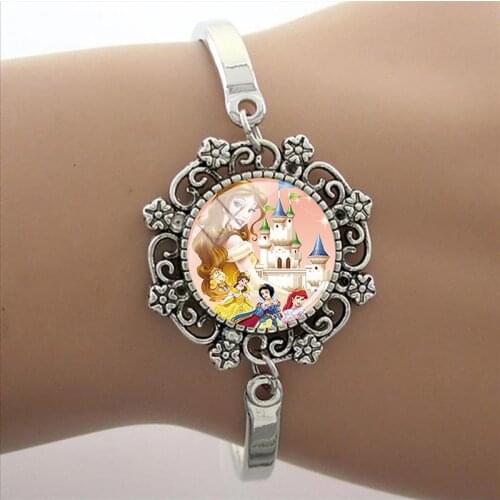 Disney Jasmine And Pocahontas Princess Bracelet Glass Cabochon Charm Bracelet Cartoon Anime Glass Dome Bracelet Jewelry Gift