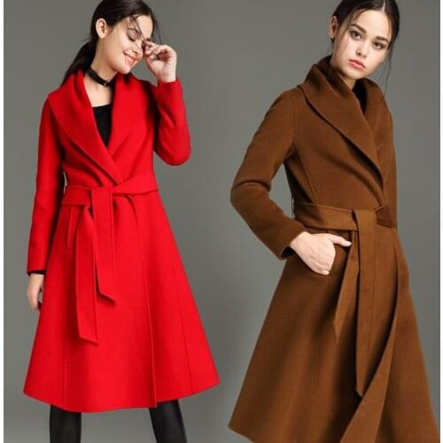 Double sided 100%wool fabrics womens fashion mid long overcoat loose wide-waist high quality M/L/XL/2XL