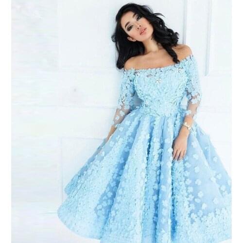 Pretty Sky Blue 3D Flower Tea Length Prom Dresses With Full Sleeves Off Shoulder Prom Gowns Tulle Party Dress Robe De Soiree