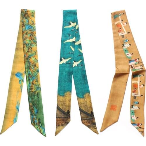 9 Styles 5*100cm Small Silk Scarfs Chinese Print Handle Bag Ribbons Brand Fashion Head Scarf Small Long Skinny Scarves Wholesale