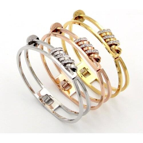 Fashion Stainless Steel Better Crystal 7 Round Circle Hollow Spring Bangle Bracelet Rose Gold Color Female Woman Party Gift