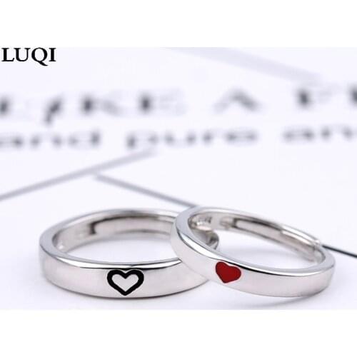 Fashionable Men and Women S925 Silver Plated Platinum Epoxy Heart Shaped Simple Personality Couple Adjustable Rings J98