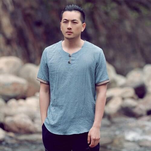 Chinese Style Mens Embroidery Short Sleeve Amry Green Loose Linen Blouse , Shirt For Men , Man Casual 4XL Shirts