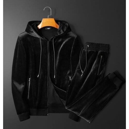 2021 autumn and winter mens thick double-sided gold velvet hooded cardigan sweater pure black fashion high-end casual jacket