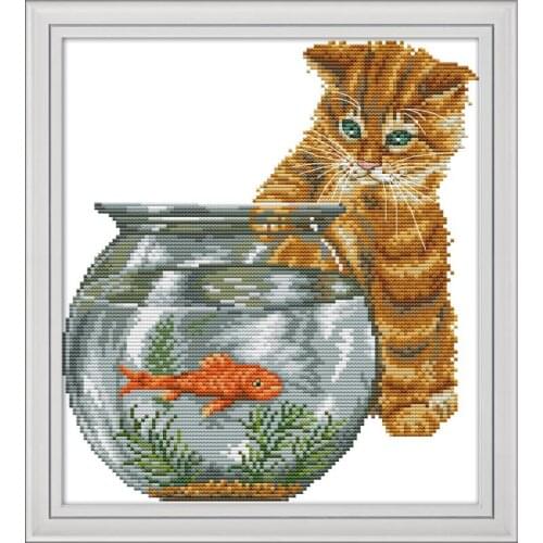 Joy Sunday New Arrival Cat And Fish Needlework DMC DIY Handmade 11&14CT Cross Stitch Sets For Embroidery Kits Gift Room Decor