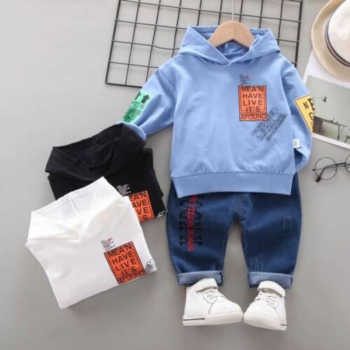 Baby New Spring Boys Girls Casual Suit Letters Pattern Hooded Long-Sleeved Denim Printed Trousers Two-Piece Children Costume