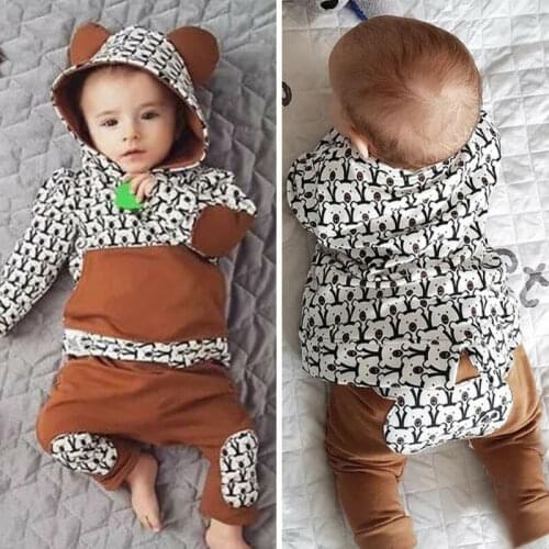 Autumn Winter 2pcs Baby Boy Clothes Set Newborn Infant Hooded Bear Tops Pullover Sweatshirt Pants Outfit Clothing 6-24M