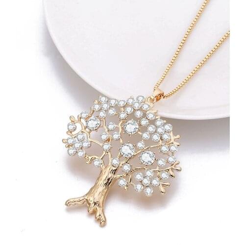 Full Crystal Tree Of Life Pendant Necklace For Women New Trendy Gold Long Big Necklace Fashion Jewelry Moda Mujer 2021
