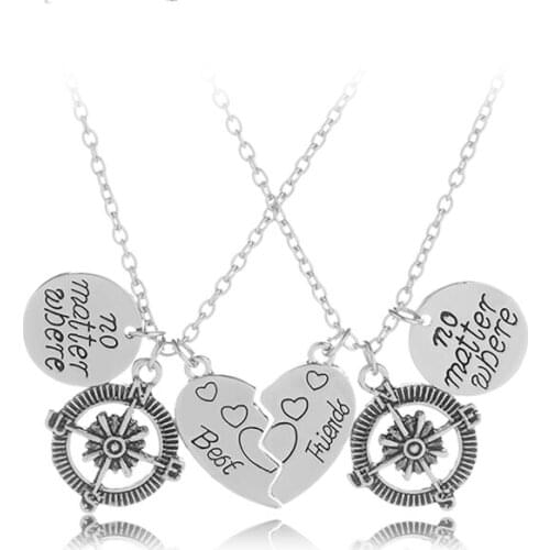 2 Pcs Best Friends No Matter Where Compass Necklaces Set Heart Best Friend Gifts for Teen Girls BFF Friendship Necklaces