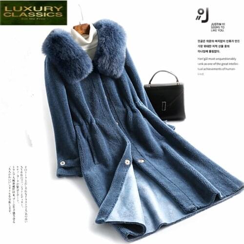 Coat Real Female Fur Winter Long Natural Fox Fur Hood Jacket Women Korean 100% Sheep Shearing Coats Vintage Fur Tops Hiver 00618