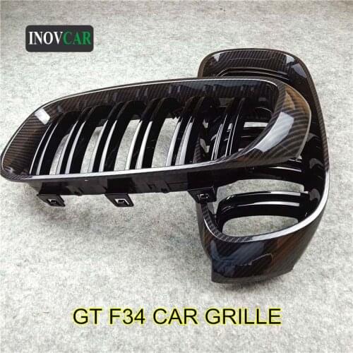 Pair New Carbon Fiber Look Front Hood Grill For 3 Series GT F34 ABS Glossy Black Dual Line Car Kidney Grille 2012-IN