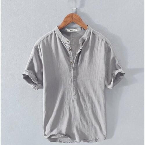 2020 Summer new style stand collar wrinkle fabric linen and cotton shirt men short-sleeved fashion shirts for men casual shirts