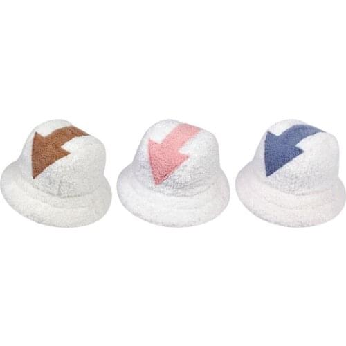 Autumn Winter Adjustable Arrow Printed Lamb Wool Hat Bucket Hat Warm Fishing Caps Fashion Flat Top Hats For Women Men Couple