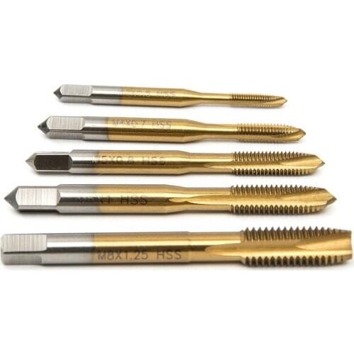 5pcs HSS Titanium Machine Right Hand Tap Drill 3 Flute M3 M4 M5 M6 M8 Spiral Point Thread Plug Handle Taps Die Set