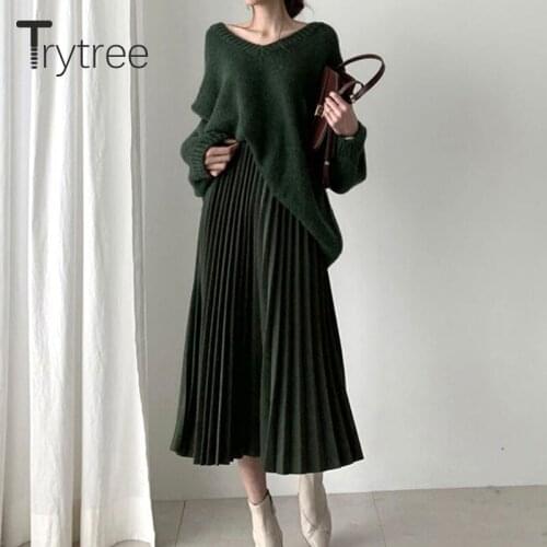 Trytree 2020 Autumn Winter Two Piece Women Set Casual V-neck Sweater + Elastic Waist Pleated Mid-Calf Skirt Solid 2 Piece Set