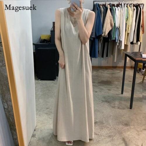 2021 Vintage Summer Women Long Dress Cotton Solid O-Neck Sleeveless Dress for Women Casual Office Lady Loose Dress Vestido 14481