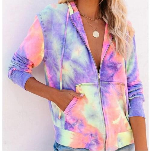 Tie Dye Zip-up Hoodies Women Pockets Drawstring Hooded Coat Casual Rainbow Hoodie Women Long Sleeve Graffiti Hoodies Tops