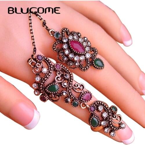 Blucome New Arrival Adjustable Turkish Two Finger Rings For Party Women Red Resin Hollow Out Flower Vintage Ring Anel Jewelry