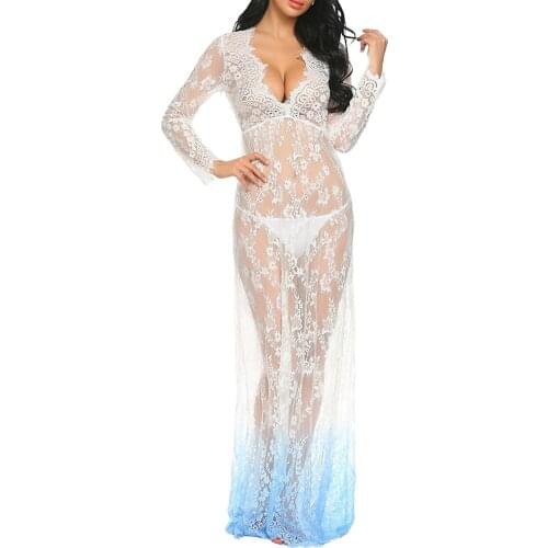 Plus Size 4XL New Women Deep V Neck Floor Length Adjust Waist White Lace Sandy Beach Dress Sexy See Through Floral Vestido