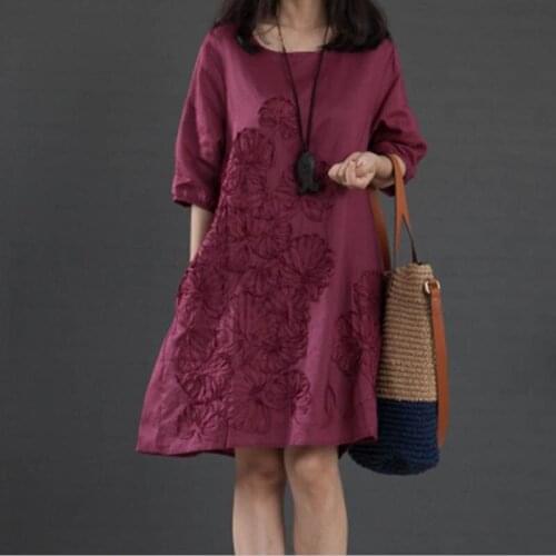 Women vintage flower embroidery dress half sleeve o neck vestidos casual dresses big size M-3XL loose solid dress female white