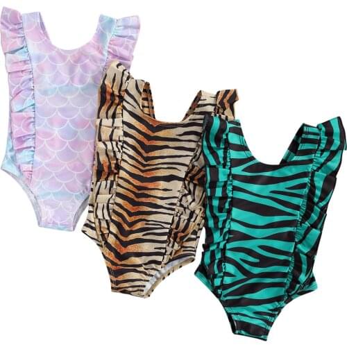 2021 0-5Y Summer Infant Girl Swimsuit One Piece Zebra pattern/Scales Print Ruffle Sleeveless Swimwear Tankini Holiday Beachwear