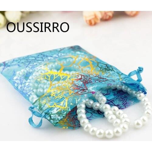 50PCS/Lot Blue Coralline Organza Gift Bags For Jewelry Pouches Wedding Party New Year Candy Bag Dry Flower Spice Packaging Bag