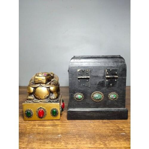 6" Tibet Buddhism Old Bronze mosaic Gem Ancient dragon jade seal seal Study Seal Ebony Seashell gems box set