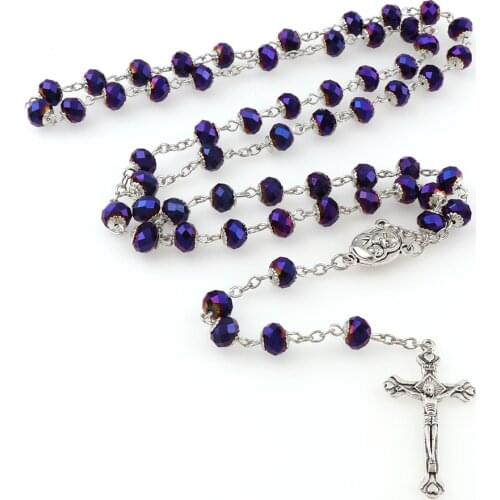 6x8mm 5 Color Crystal Beads Rosary Catholic Necklace With Holy Soil Medal Crucifix Prayer Religious Jewelry