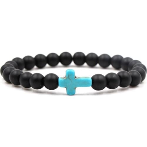 9colors 8MM Matted Black Stone Beads Cross Charm Bracelet Fashion Women Men Bracelet Jewelry